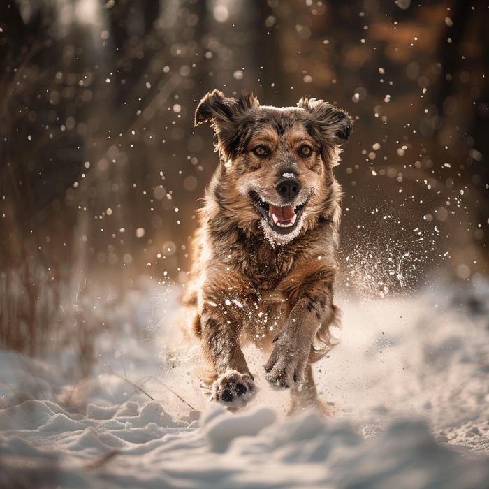 a dog playing in the snow