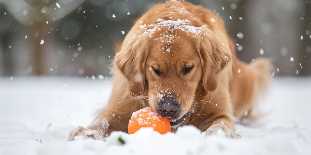 A dog playing with a ball in the snow