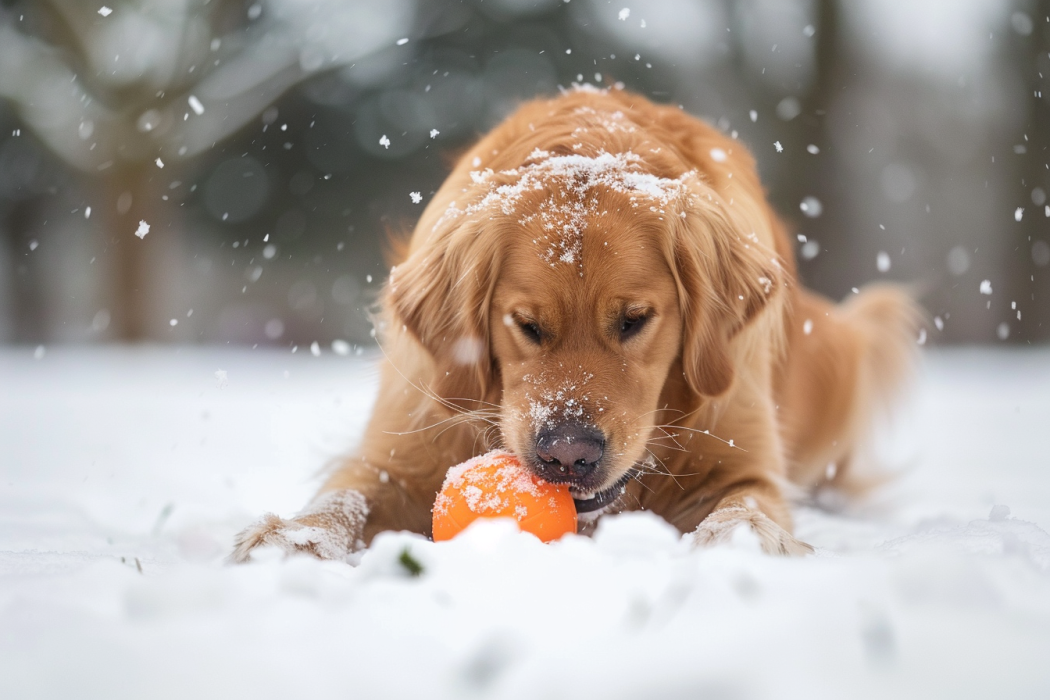 A dog playing with a ball in the snow