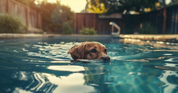 dog in a pool learning how to swim