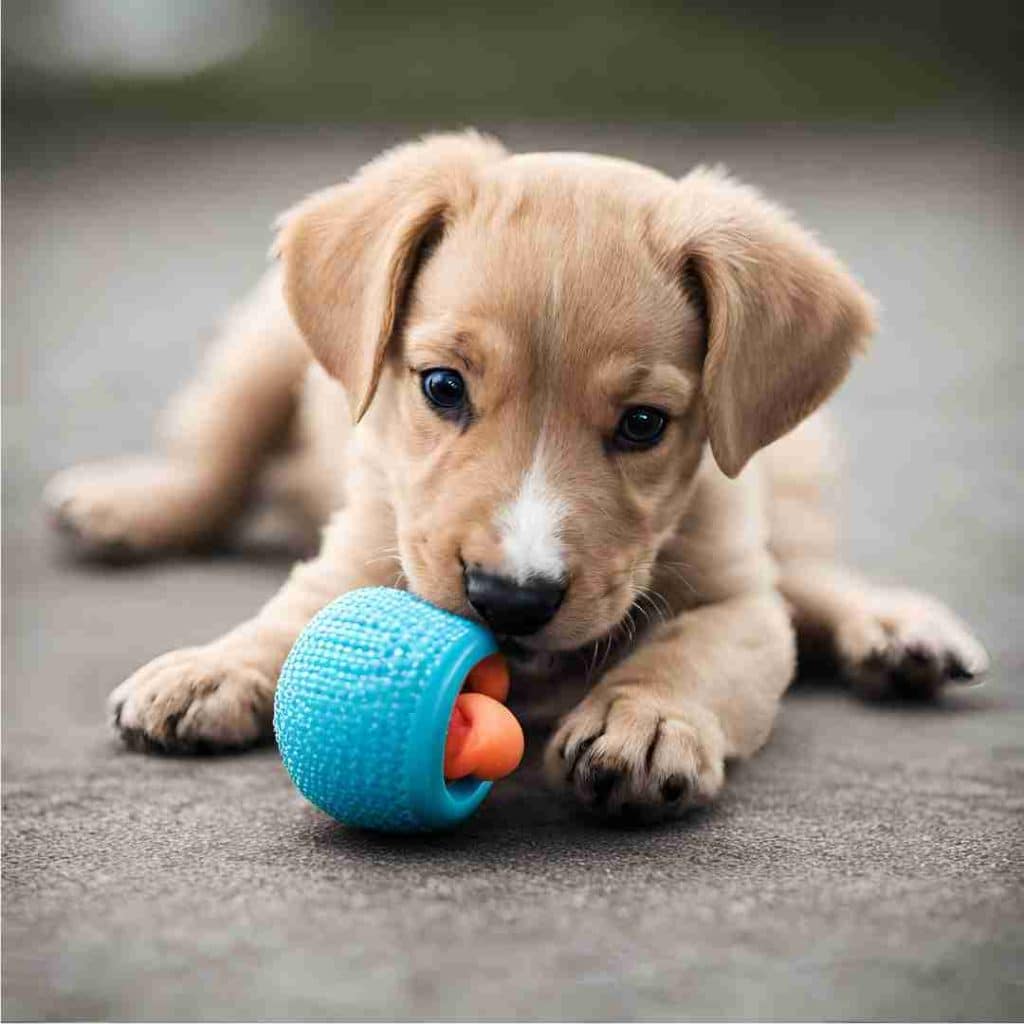 a puppy chewing a toy